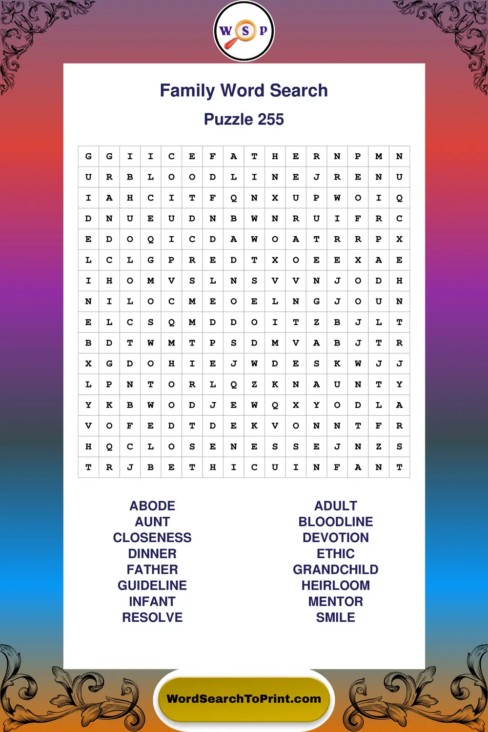 Family Word Search Puzzle 255