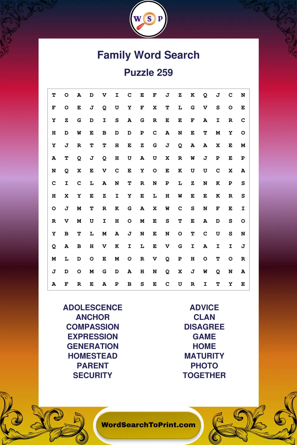 Family Word Search Puzzle 259