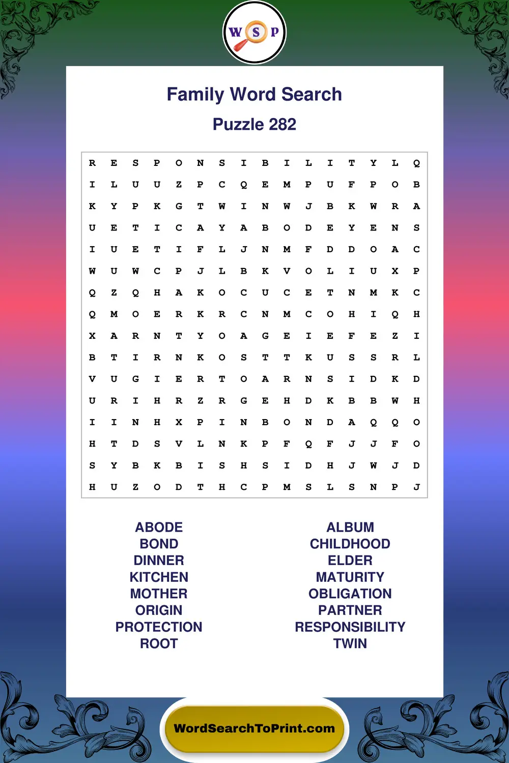 Family Word Search Puzzle 282