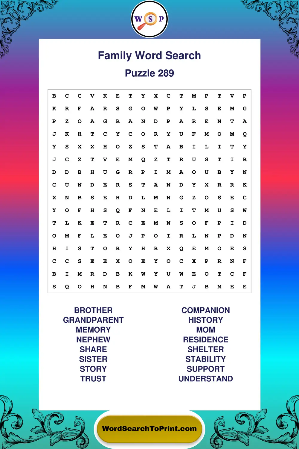 Family Word Search Puzzle 289