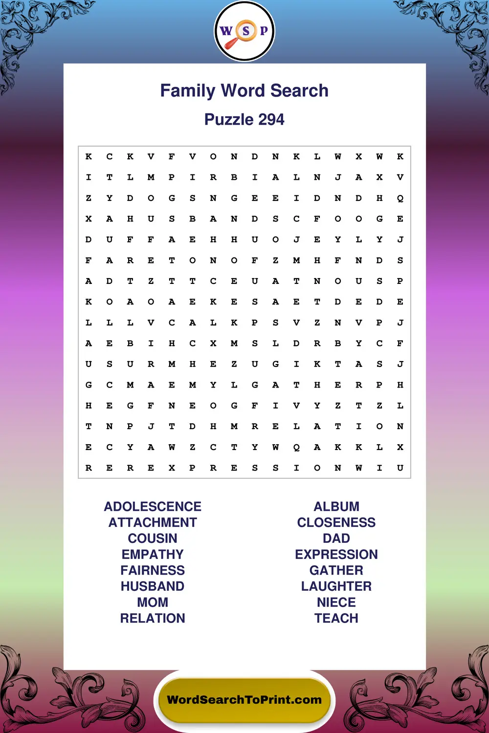 Family Word Search Puzzle 294