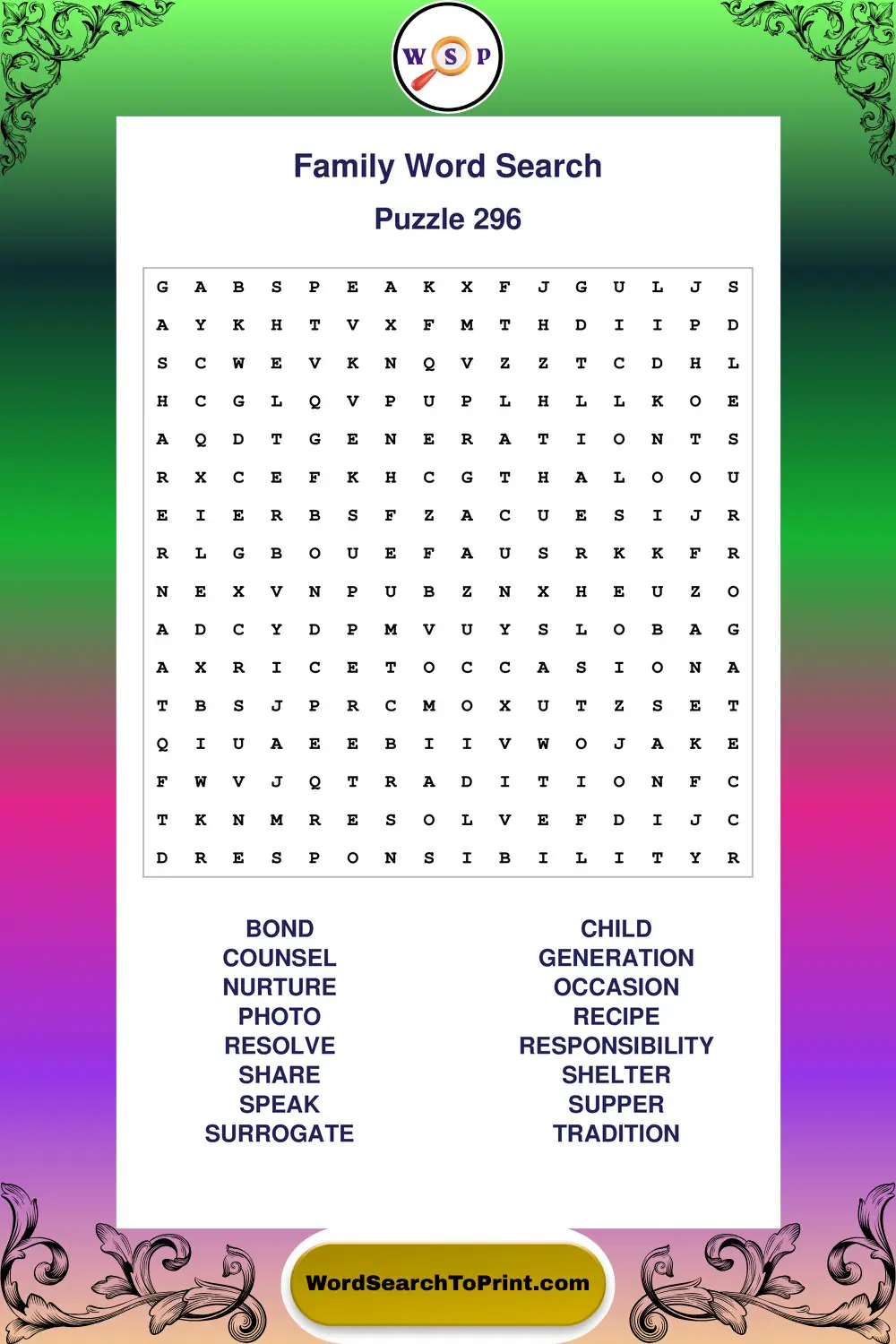 Family Word Search Puzzle 296