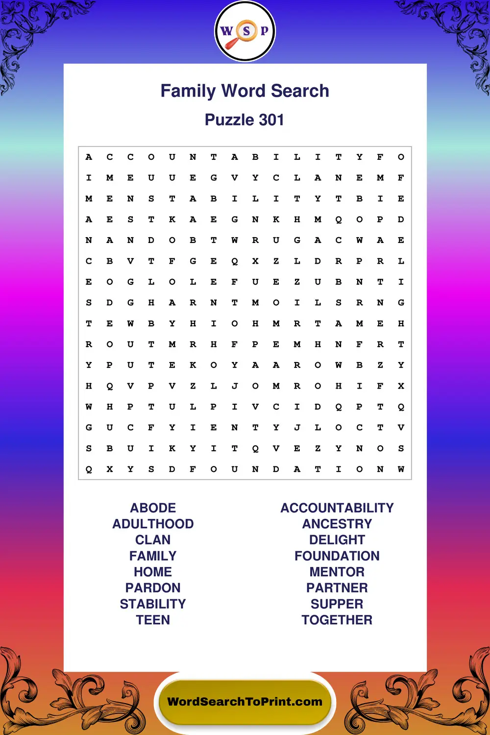 Family Word Search Puzzle 301
