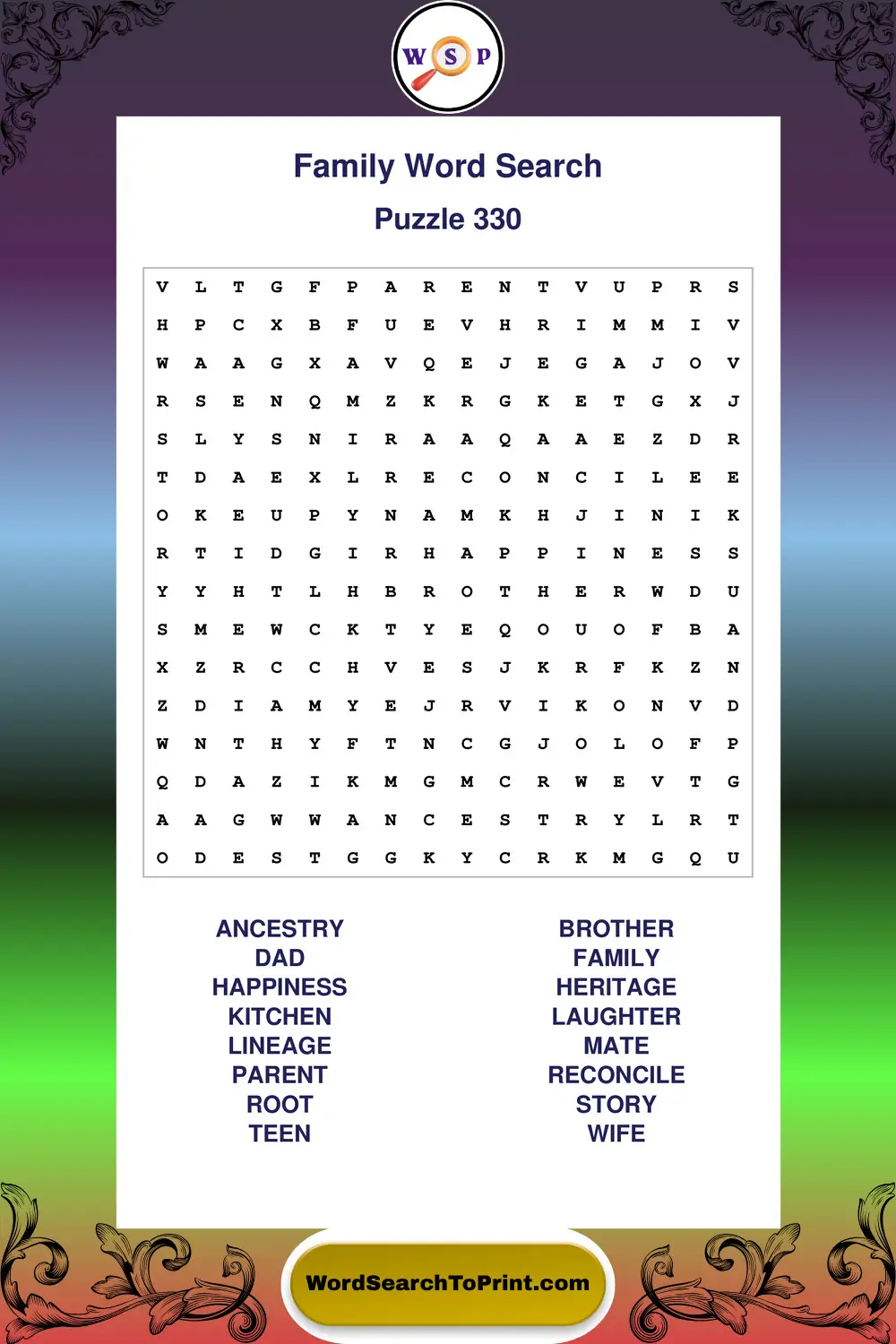 Family Word Search Puzzle 330