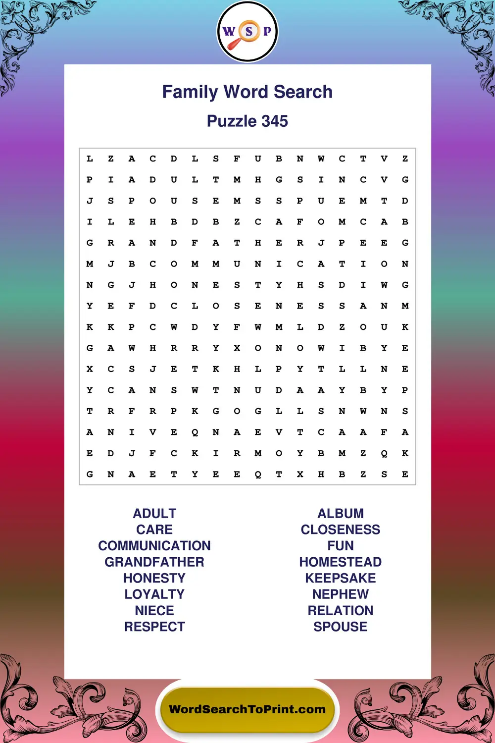 Family Word Search Puzzle 345