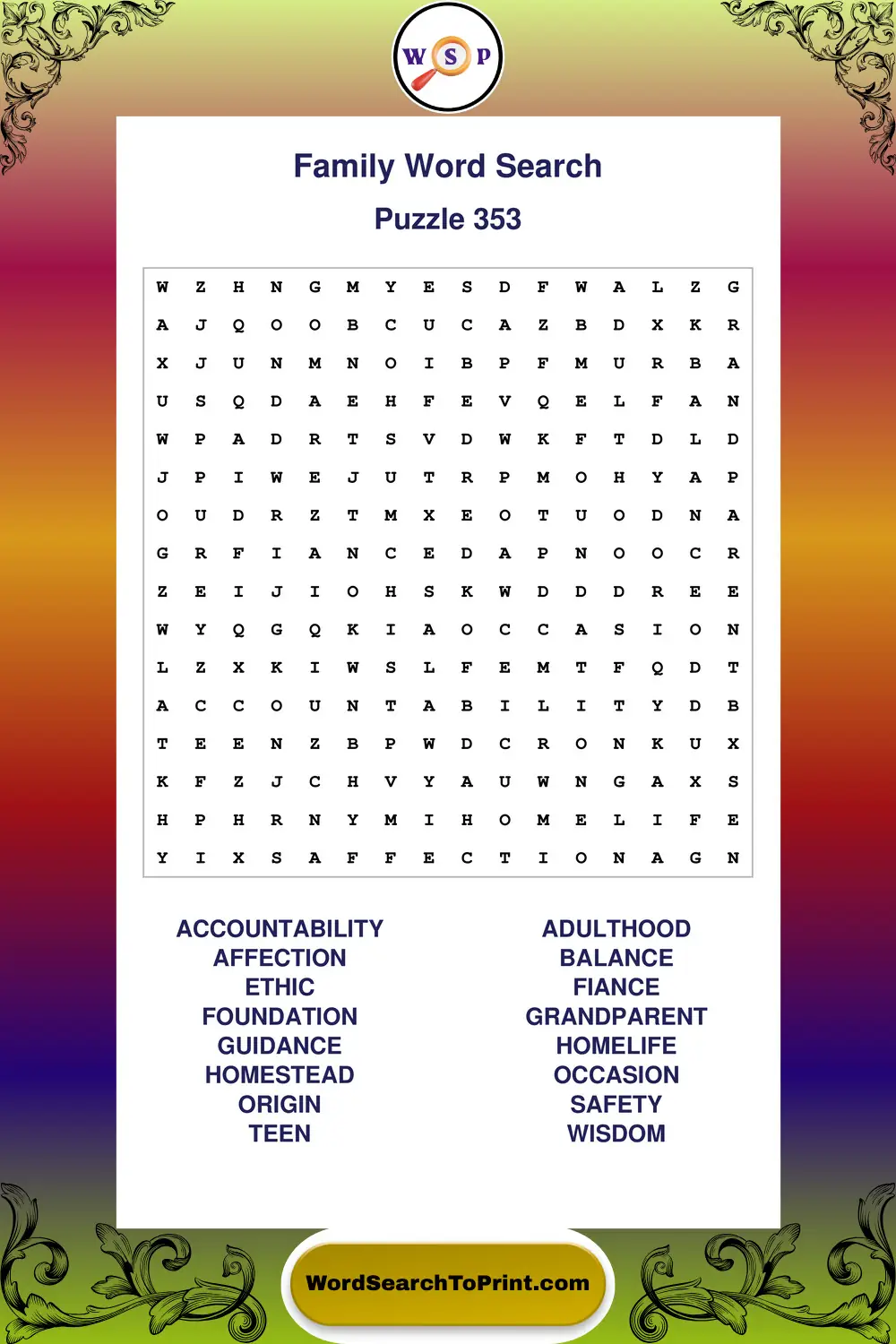 Family Word Search Puzzle 353