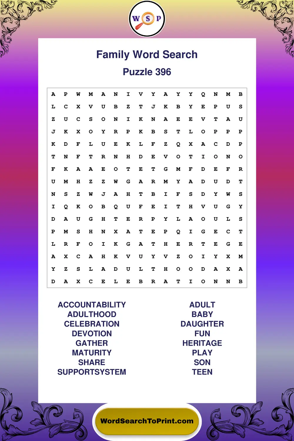 Family Word Search Puzzle 396