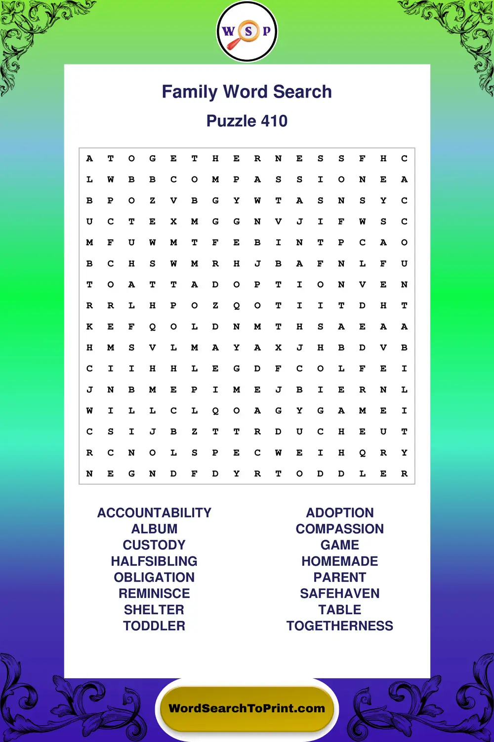 Family Word Search Puzzle 410