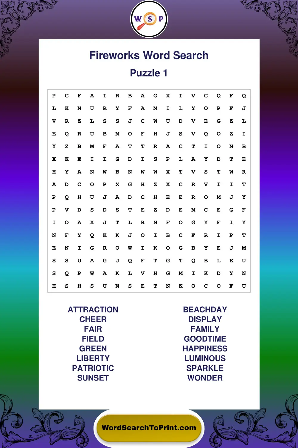 Fireworks Word Search Puzzle 1