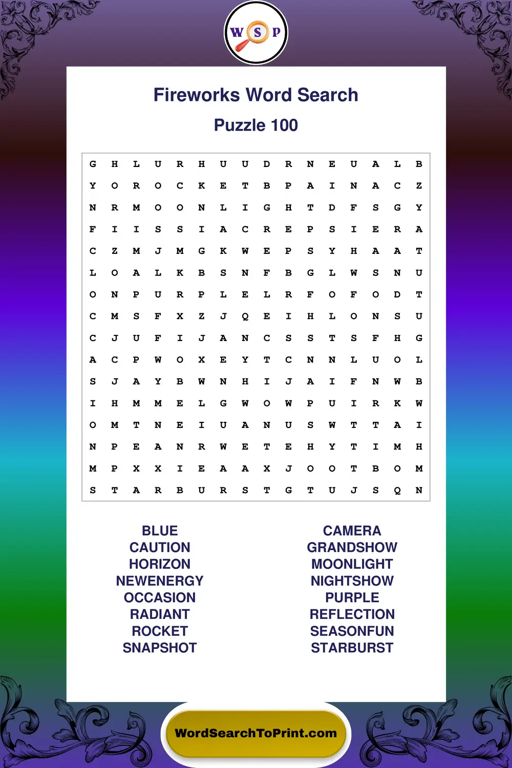 Fireworks Word Search Puzzle 100