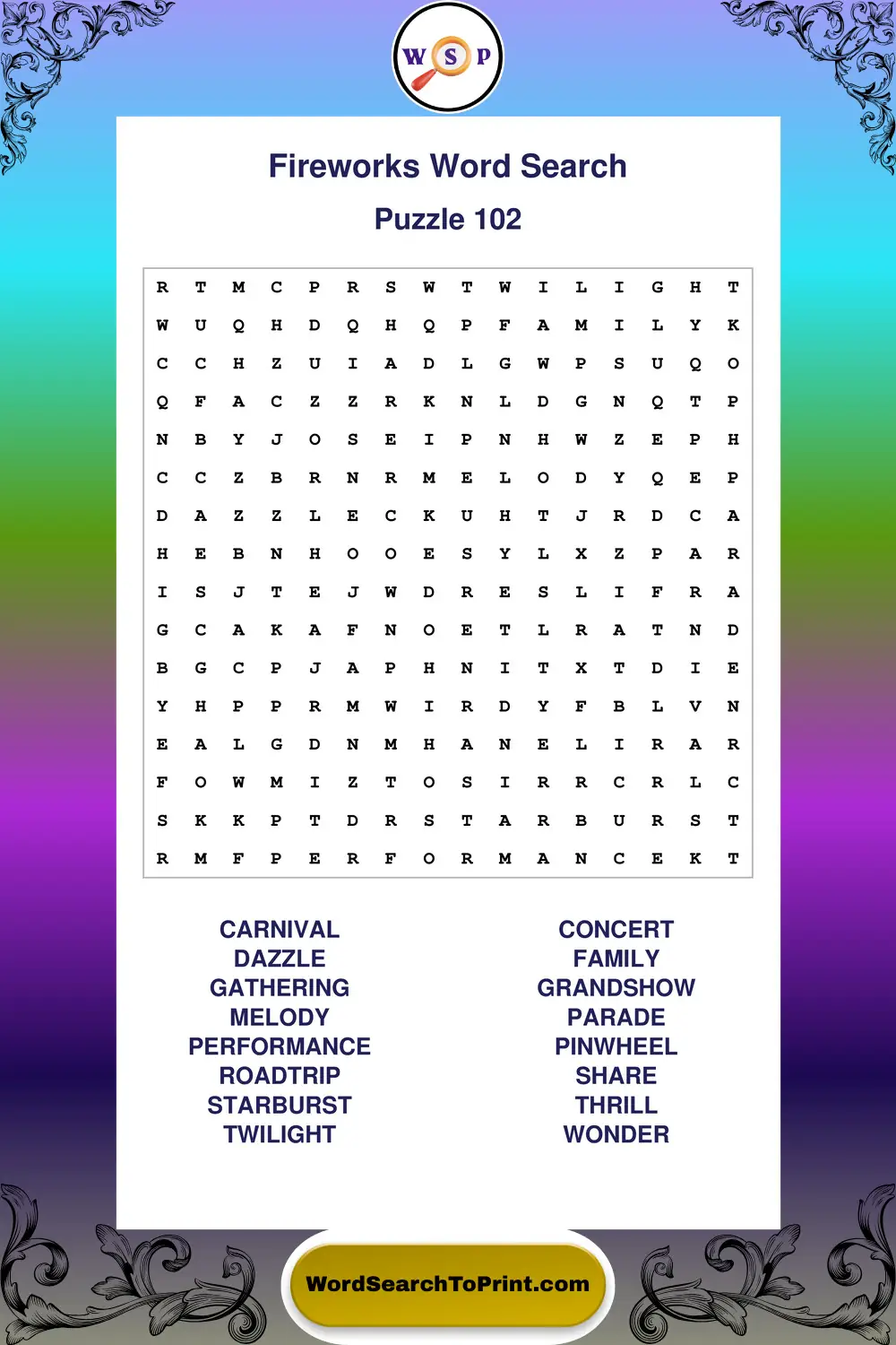 Fireworks Word Search Puzzle 102