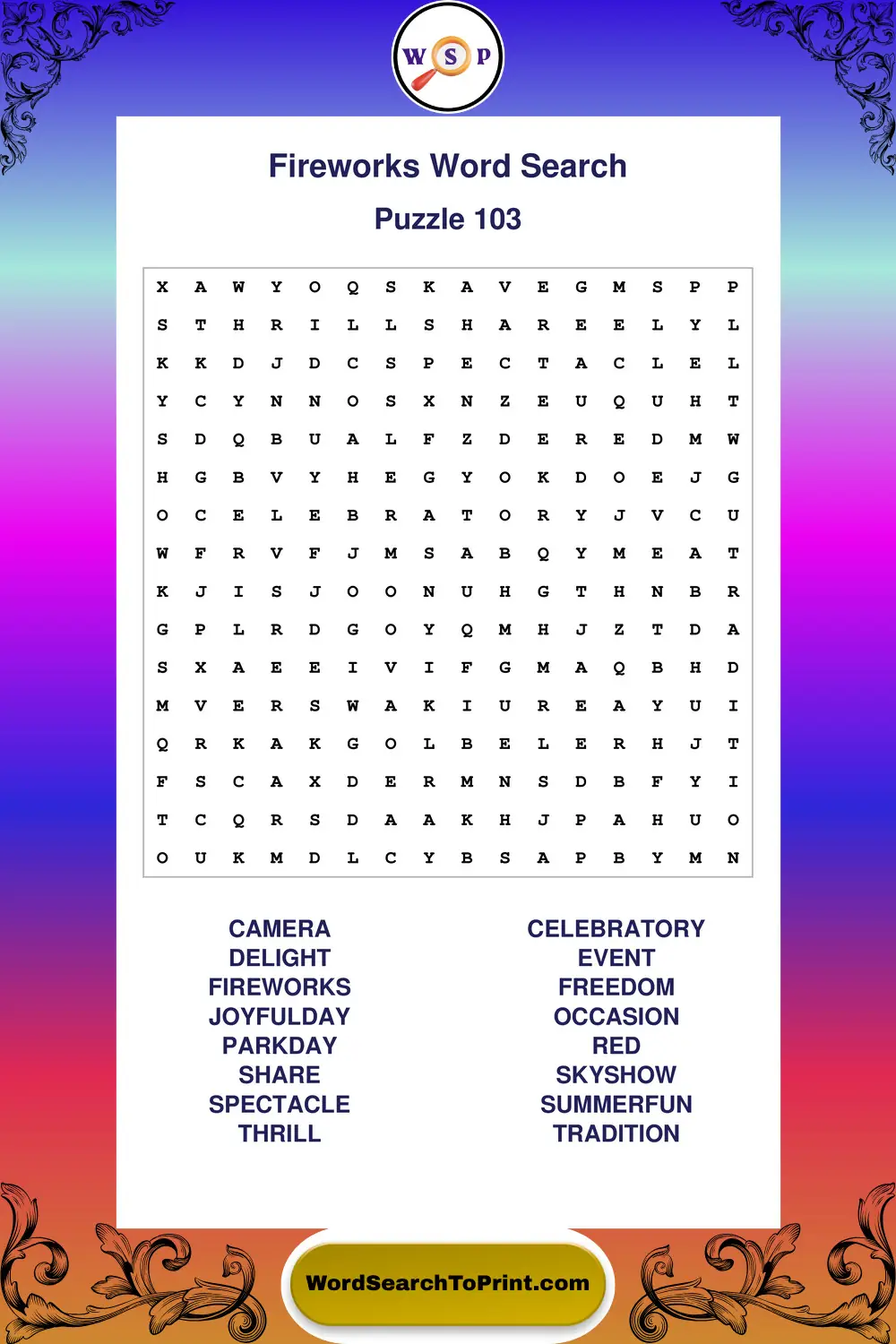 Fireworks Word Search Puzzle 103