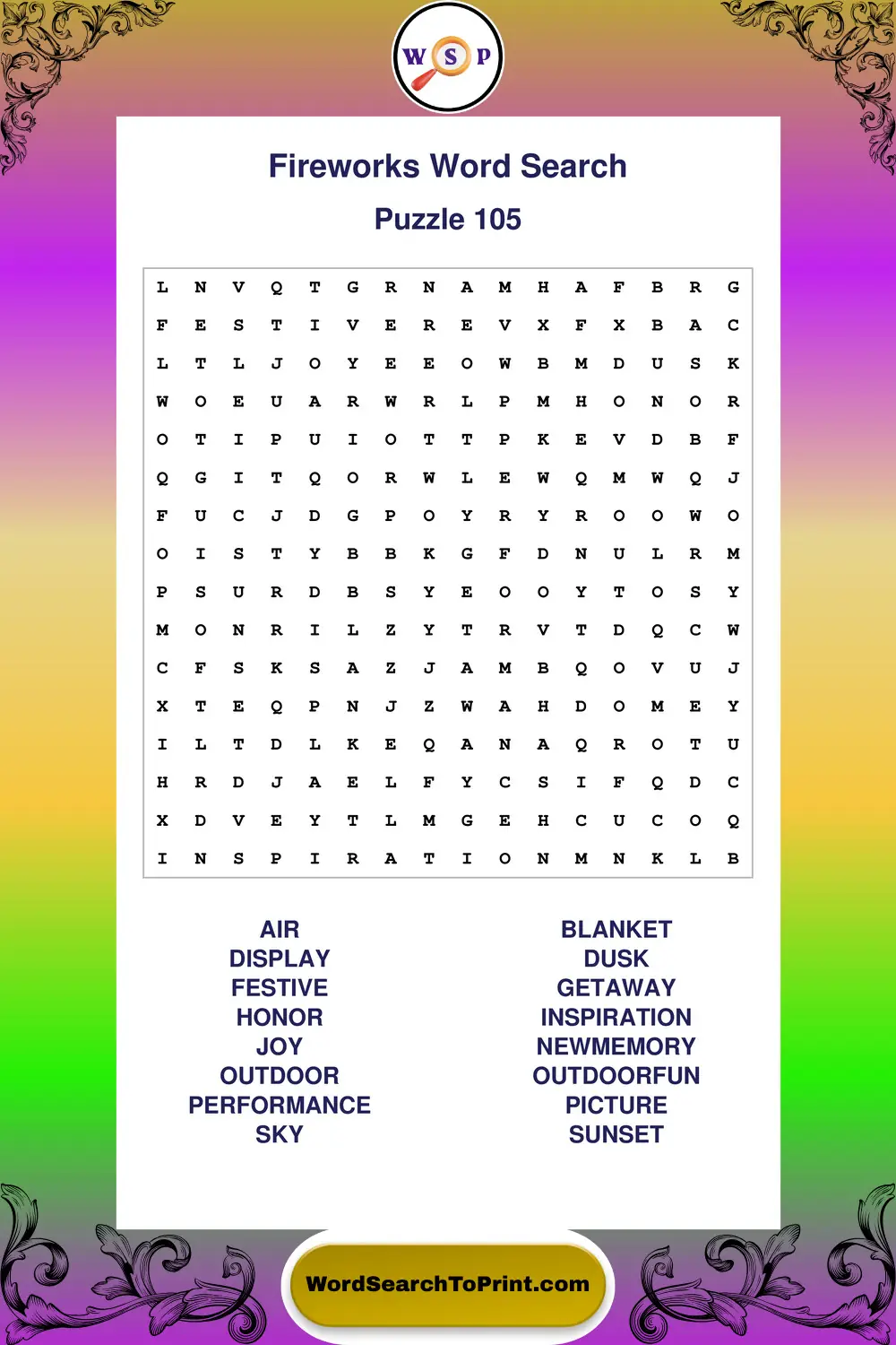 Fireworks Word Search Puzzle 105