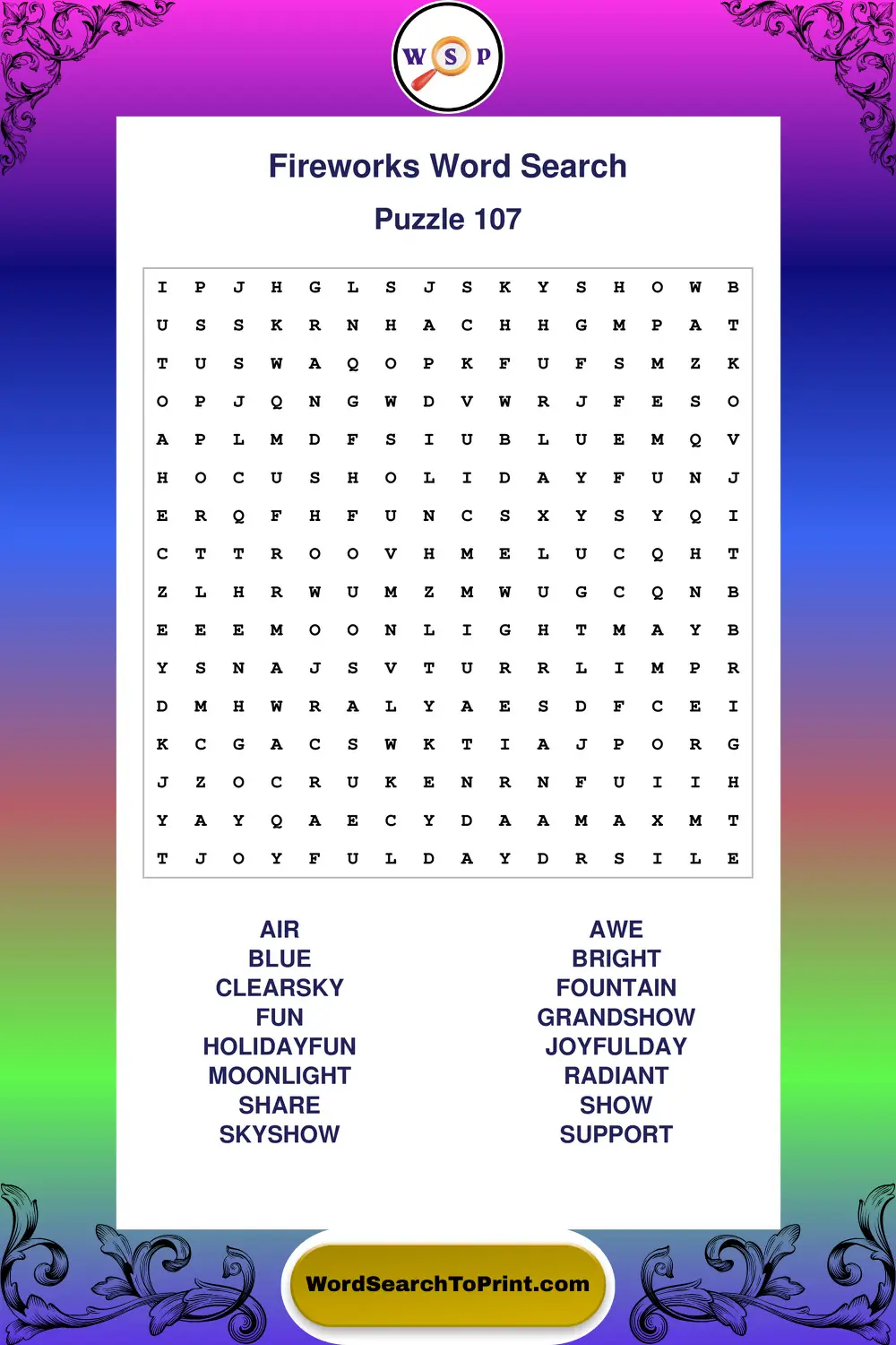Fireworks Word Search Puzzle 107