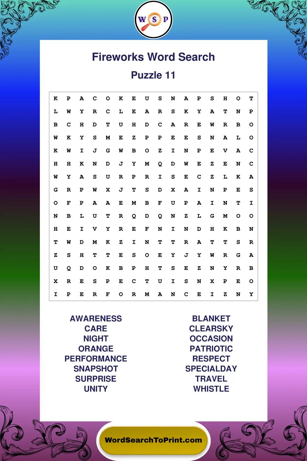 Fireworks Word Search Puzzle 11