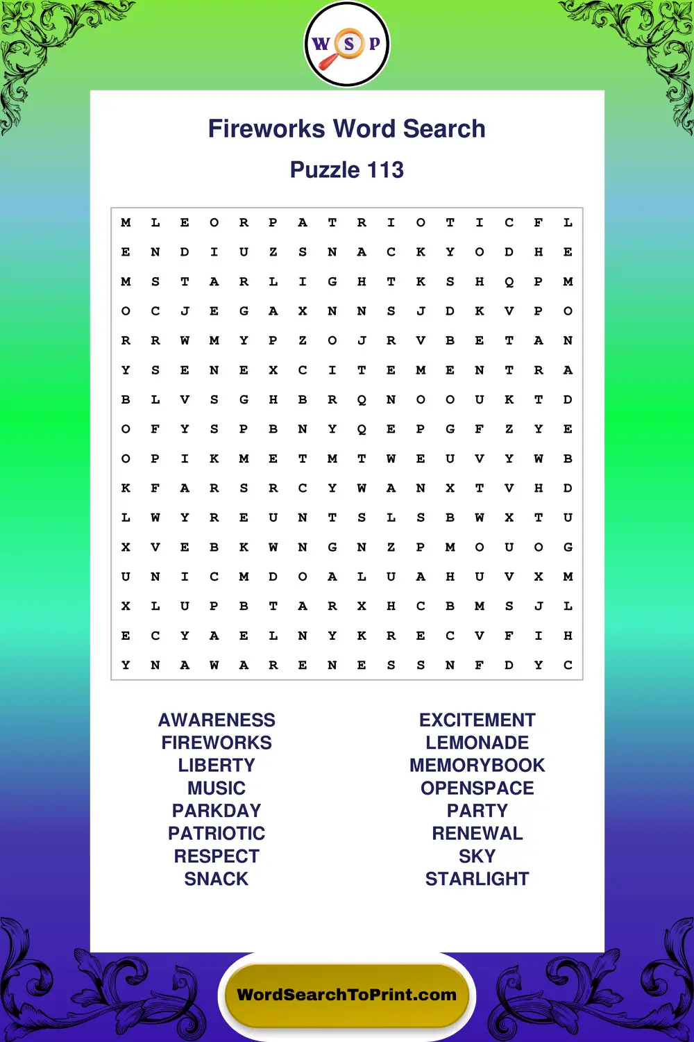 Fireworks Word Search Puzzle 113