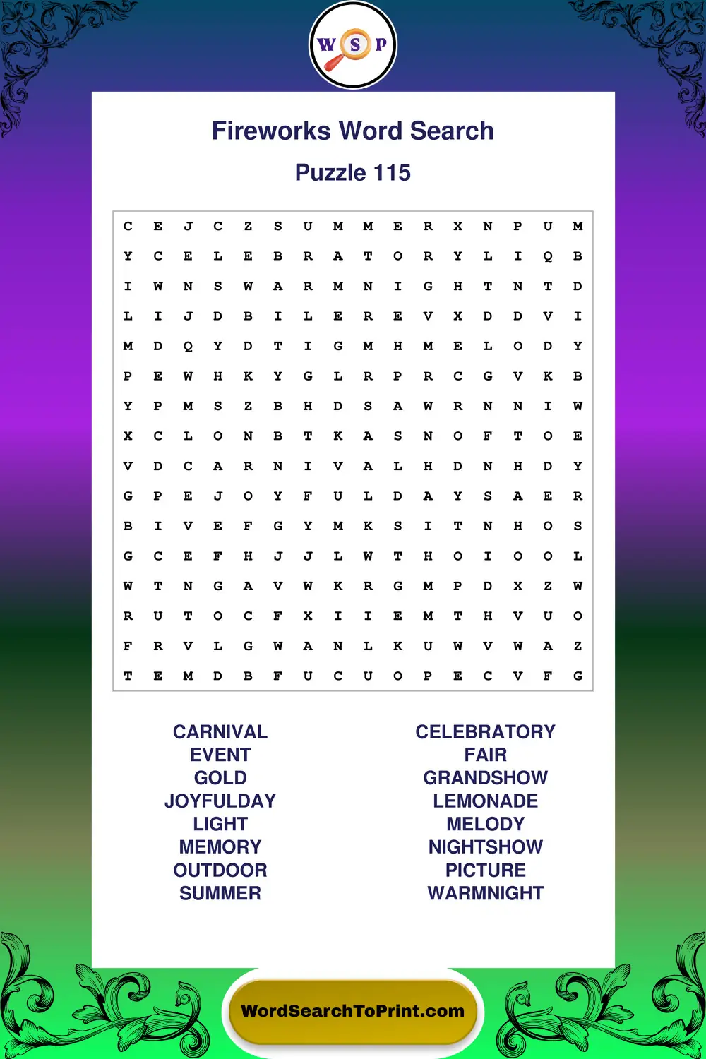 Fireworks Word Search Puzzle 115