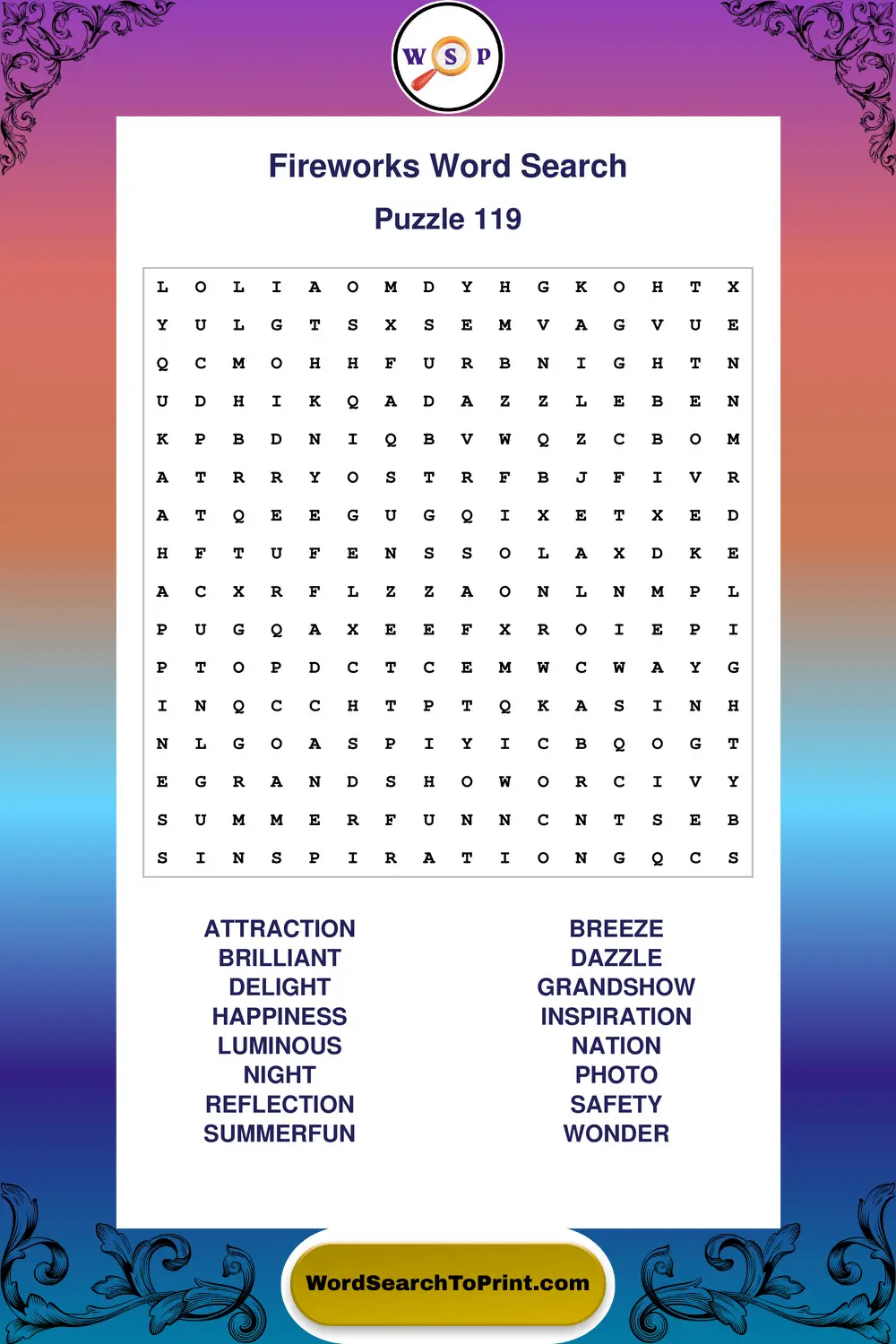 Fireworks Word Search Puzzle 119