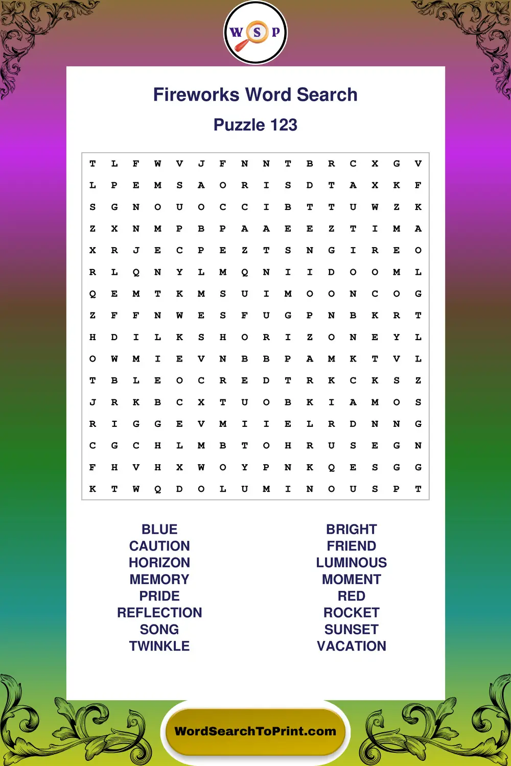 Fireworks Word Search Puzzle 123
