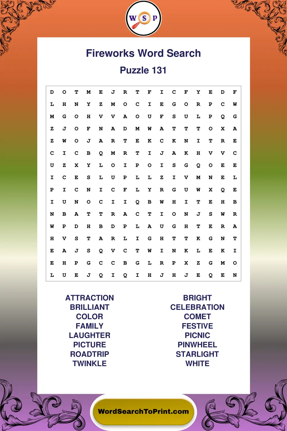 Fireworks Word Search Puzzle 131