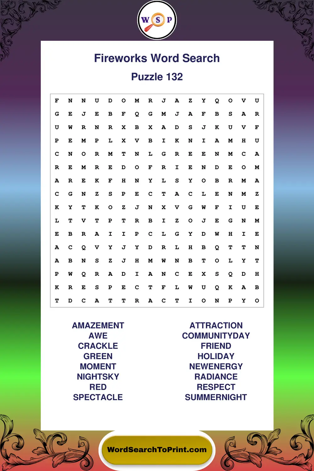Fireworks Word Search Puzzle 132