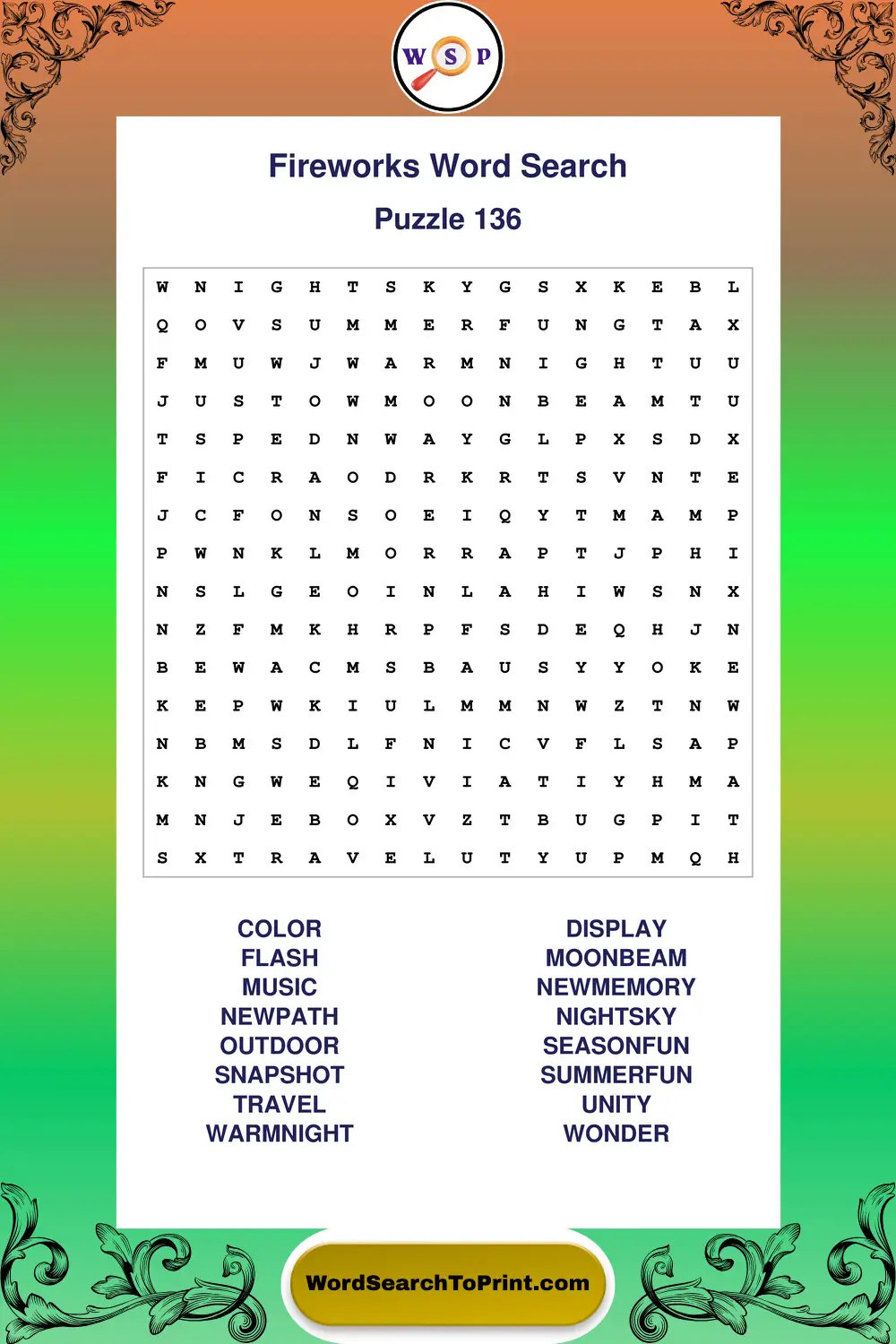 Fireworks Word Search Puzzle 136