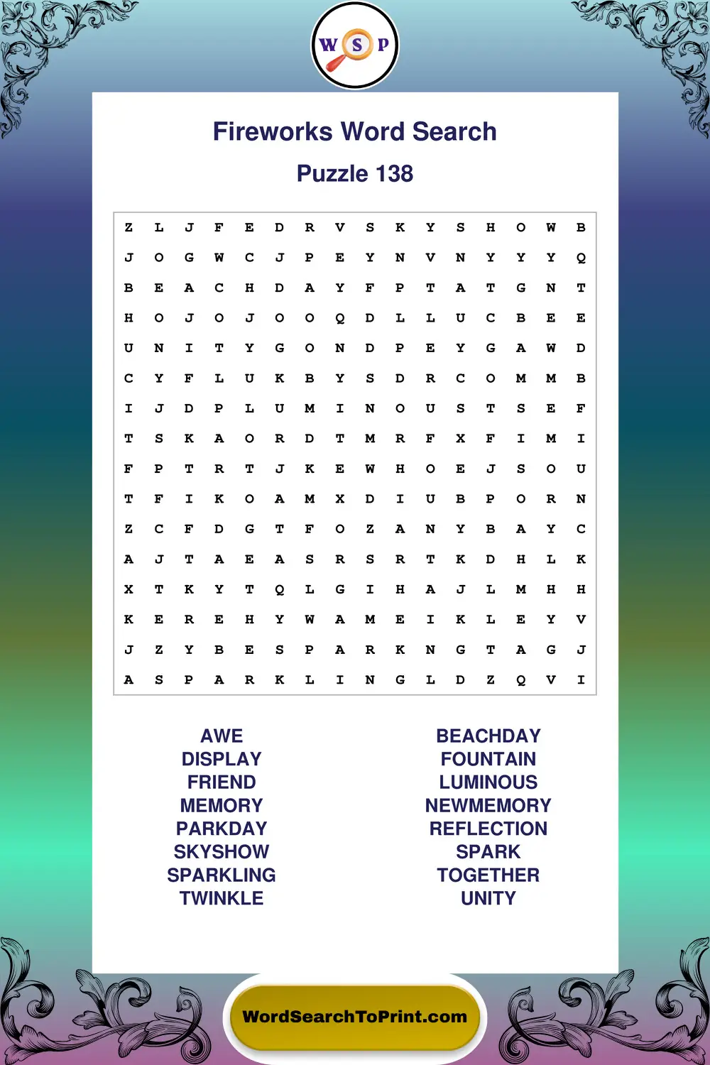 Fireworks Word Search Puzzle 138