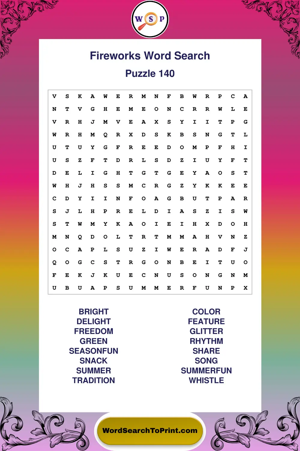 Fireworks Word Search Puzzle 140