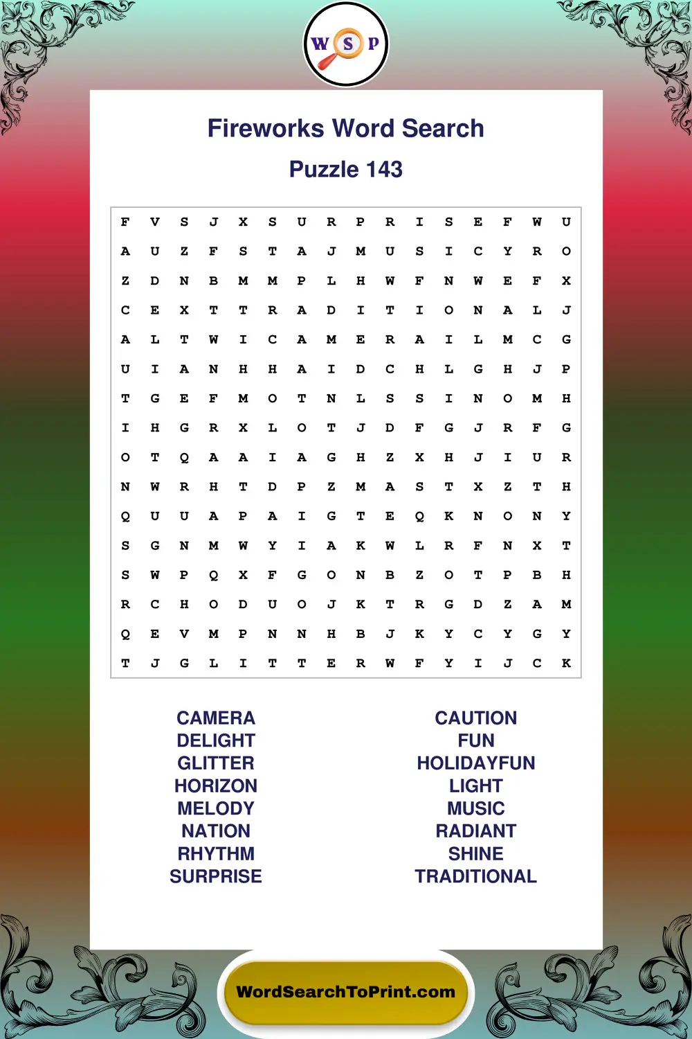 Fireworks Word Search Puzzle 143