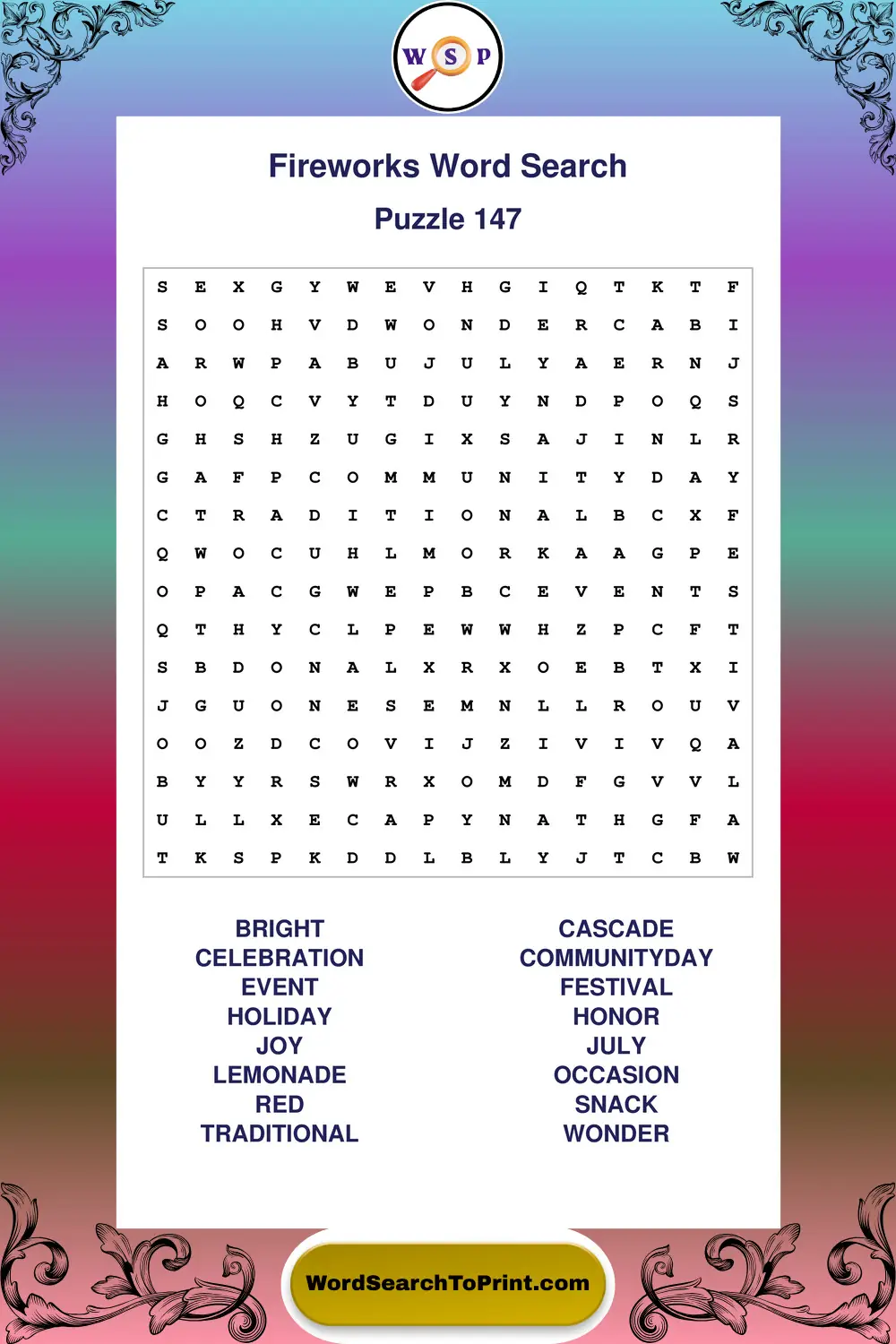 Fireworks Word Search Puzzle 147