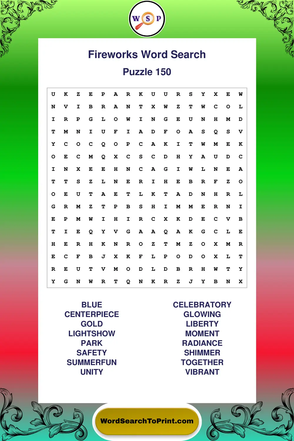 Fireworks Word Search Puzzle 150