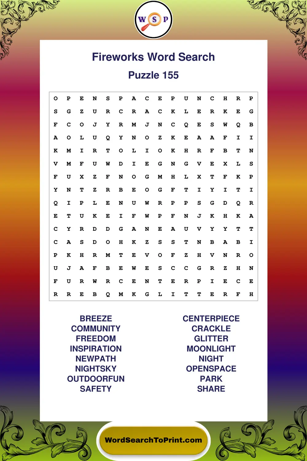 Fireworks Word Search Puzzle 155