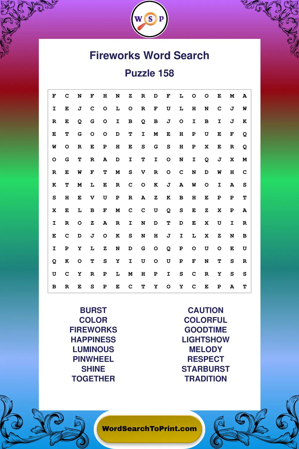 Fireworks Word Search Puzzle 158