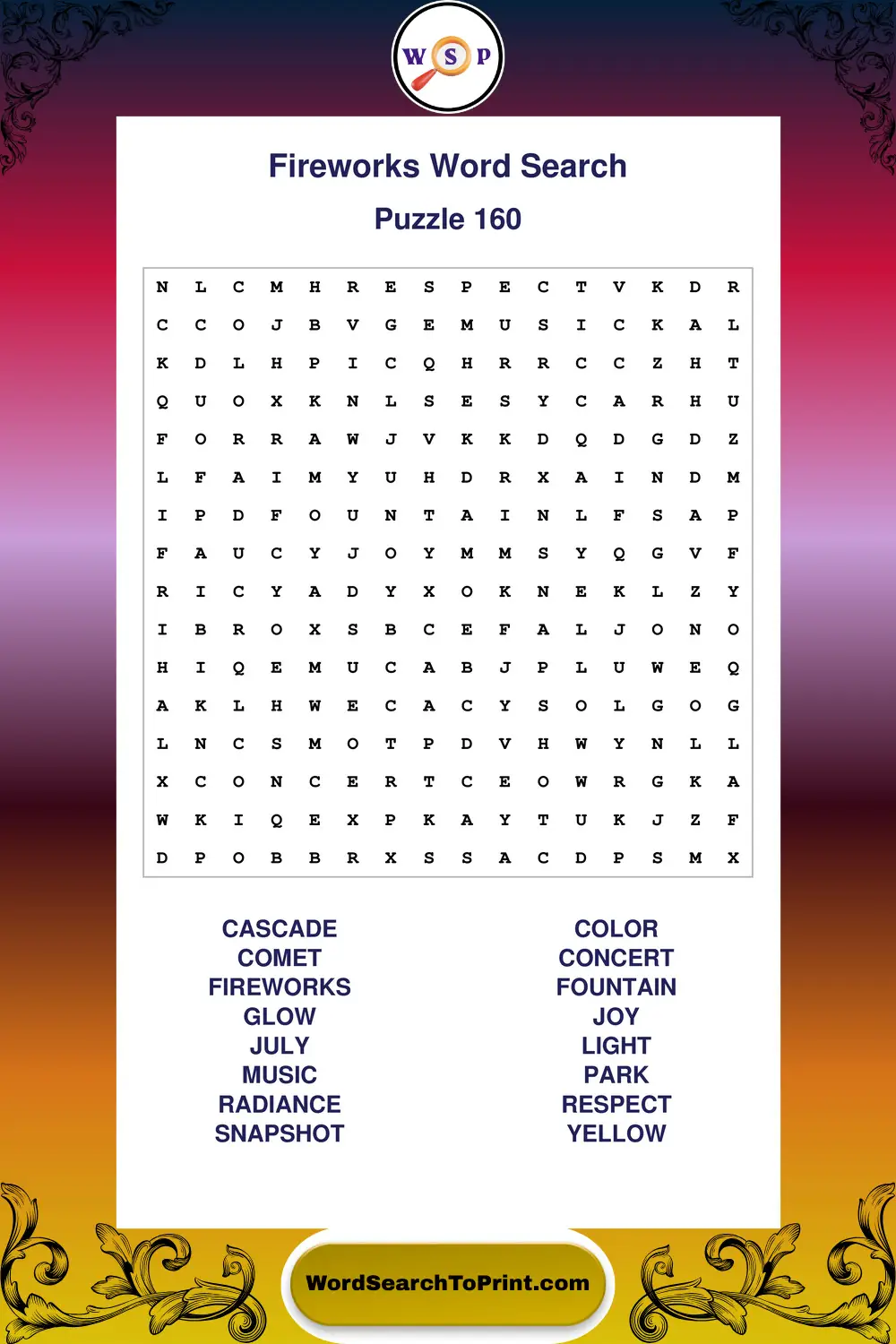 Fireworks Word Search Puzzle 160