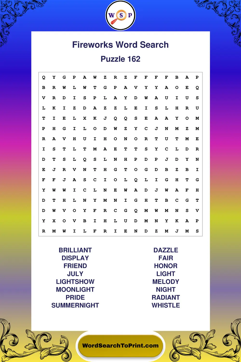 Fireworks Word Search Puzzle 162