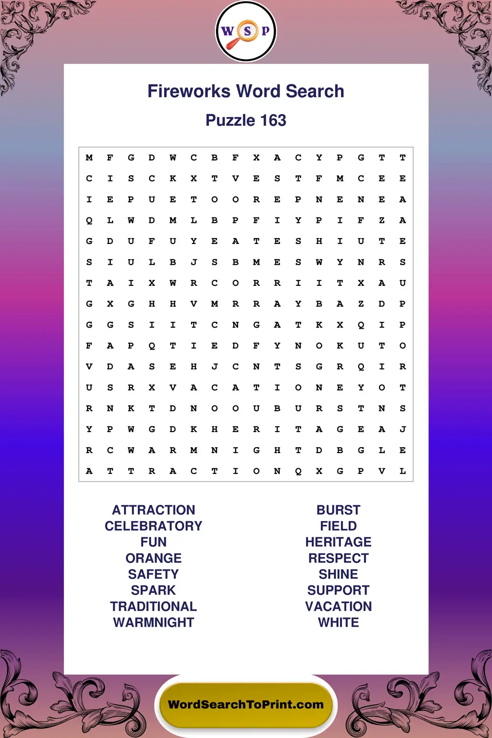 Fireworks Word Search Puzzle 163