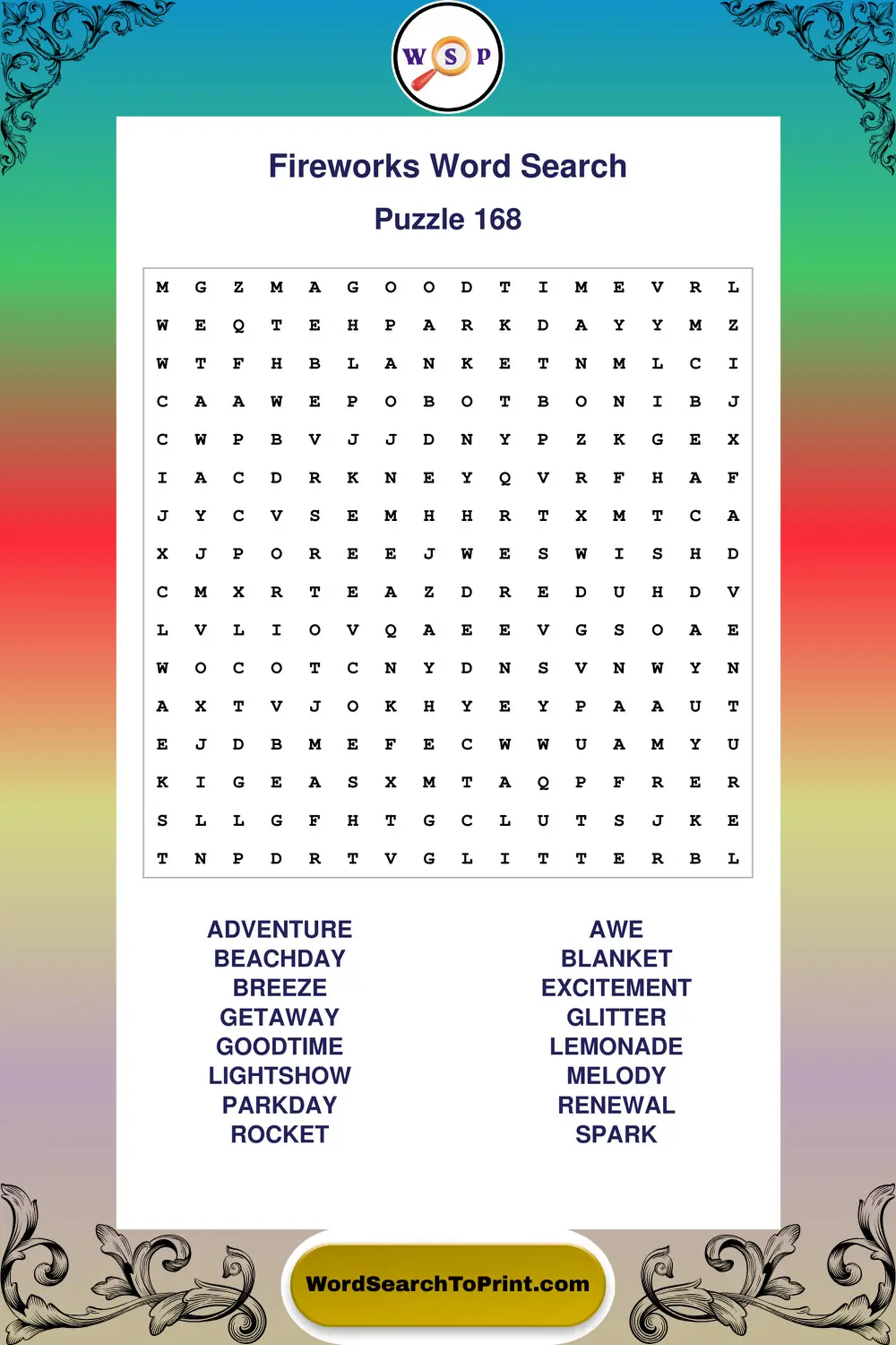 Fireworks Word Search Puzzle 168