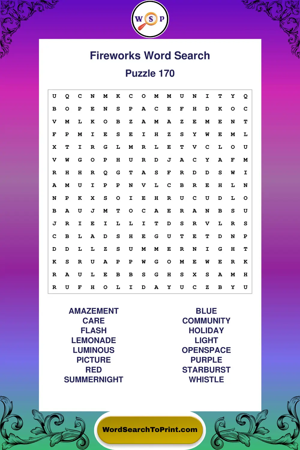 Fireworks Word Search Puzzle 170