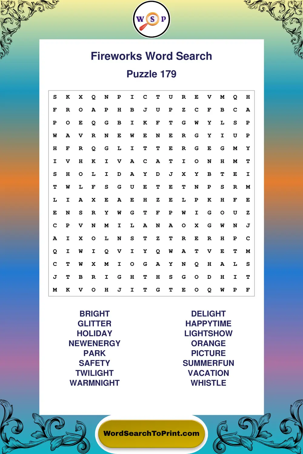 Fireworks Word Search Puzzle 179