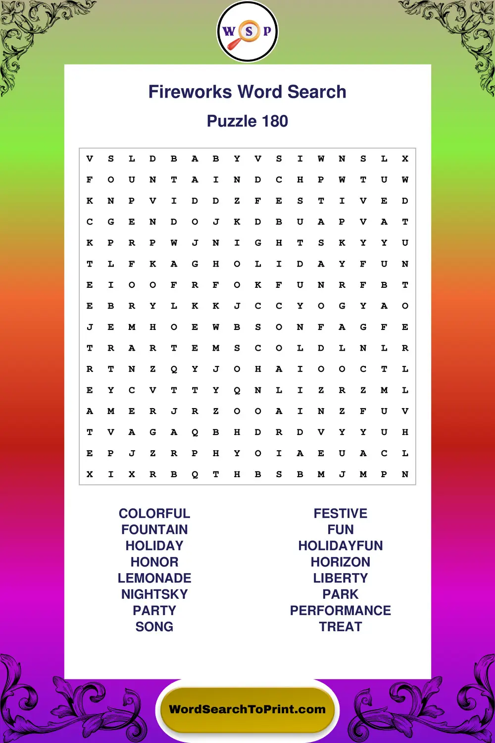 Fireworks Word Search Puzzle 180