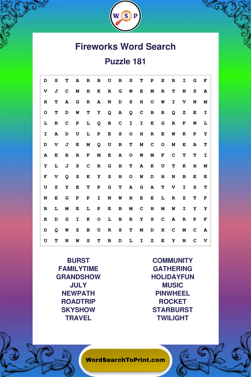 Fireworks Word Search Puzzle 181