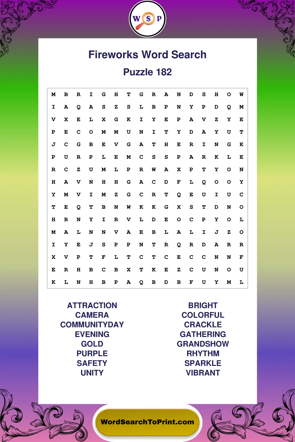 Fireworks Word Search Puzzle 182