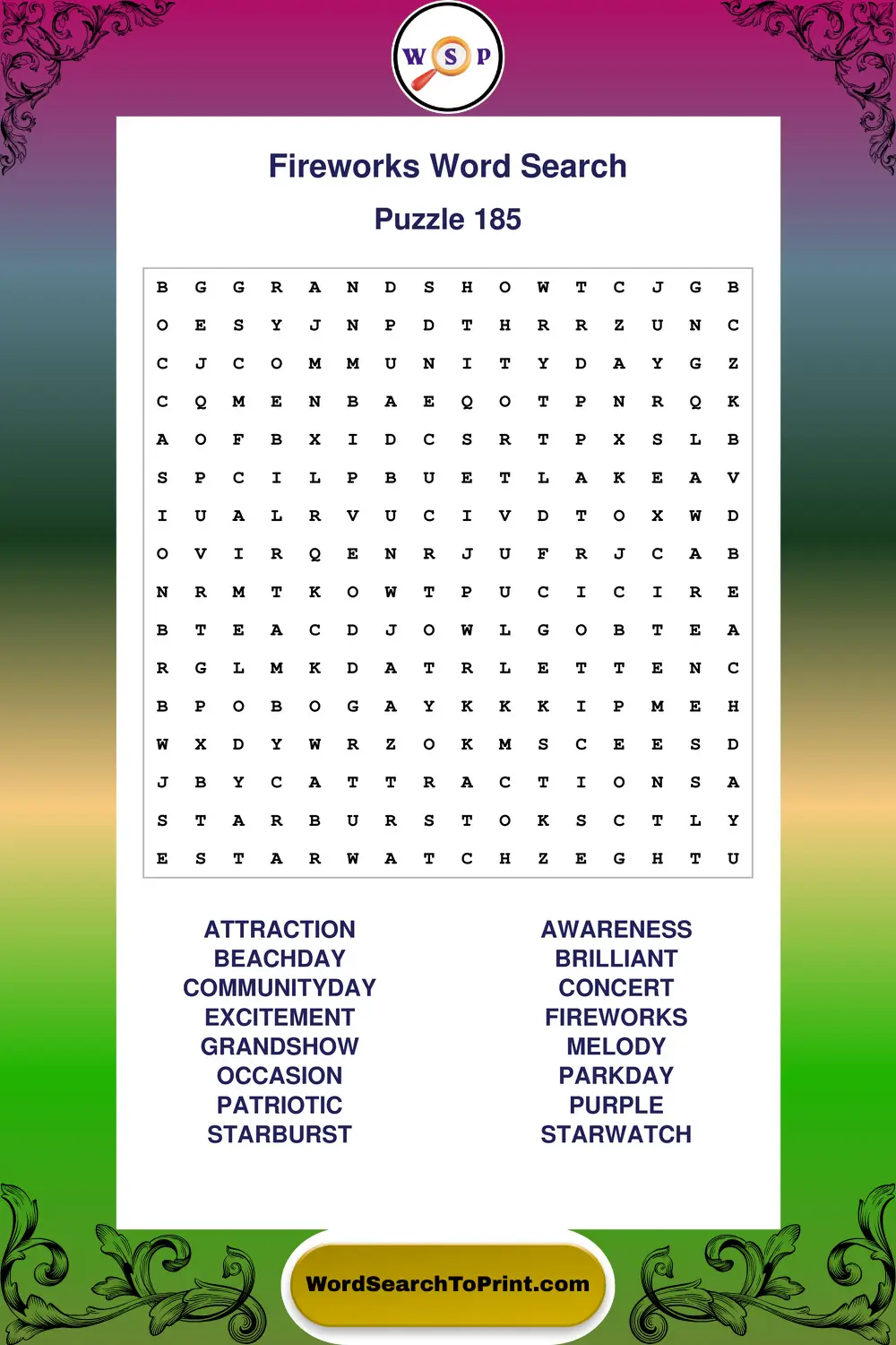 Fireworks Word Search Puzzle 185
