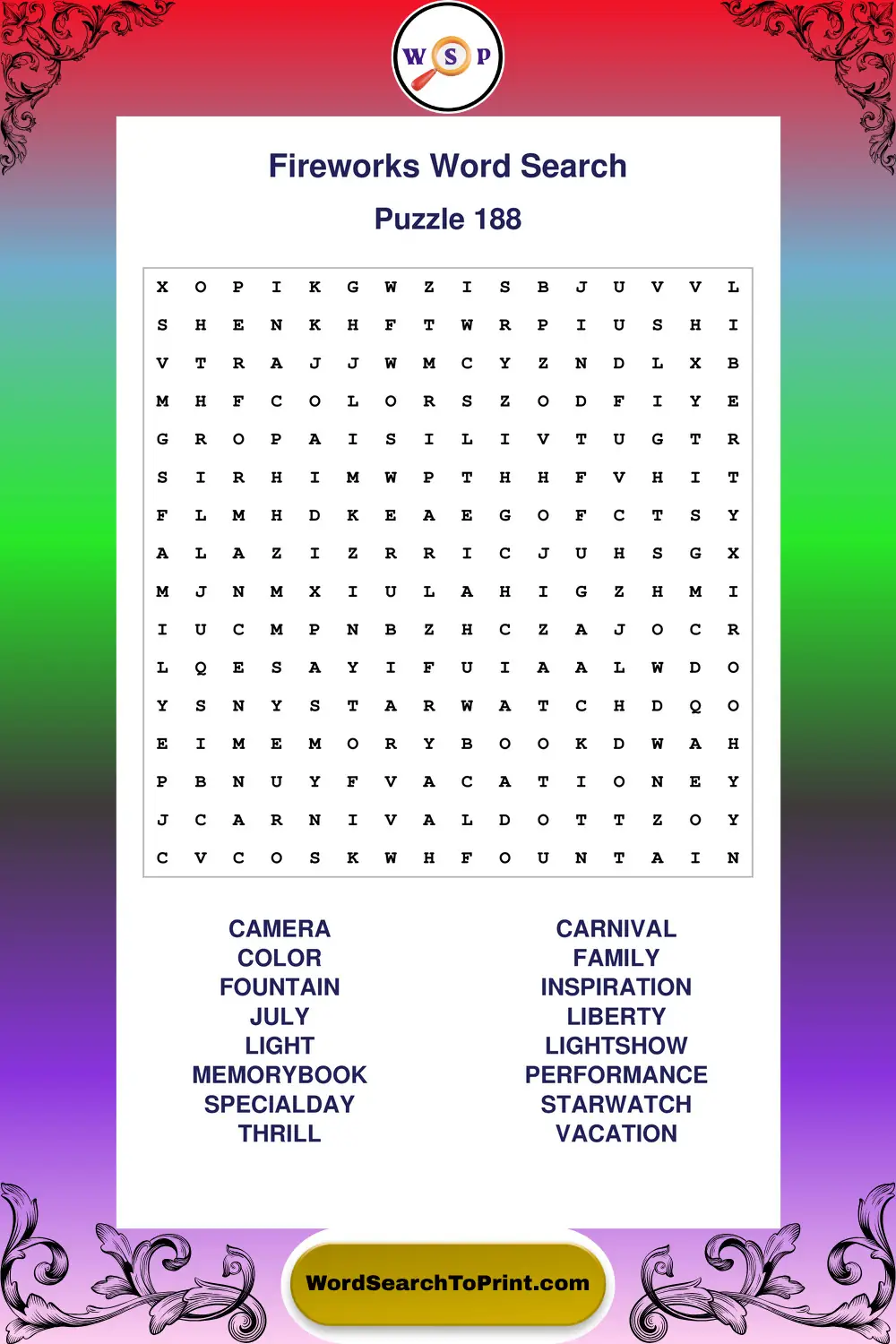 Fireworks Word Search Puzzle 188