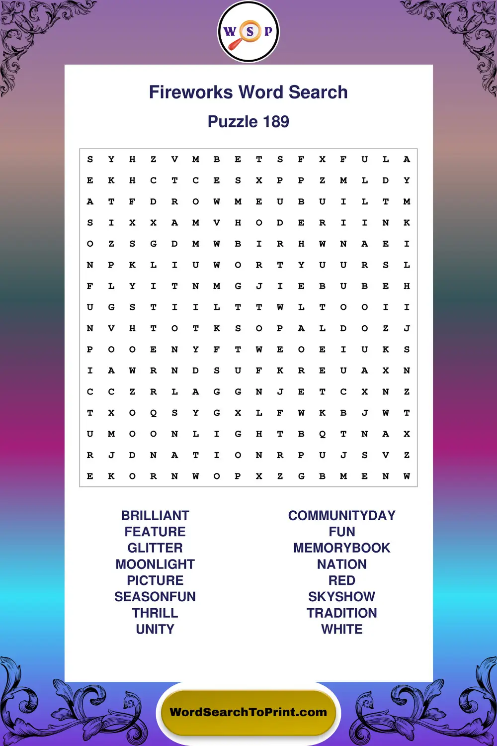 Fireworks Word Search Puzzle 189
