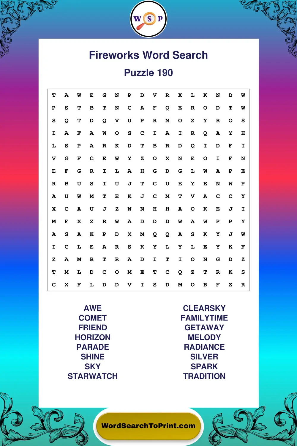 Fireworks Word Search Puzzle 190