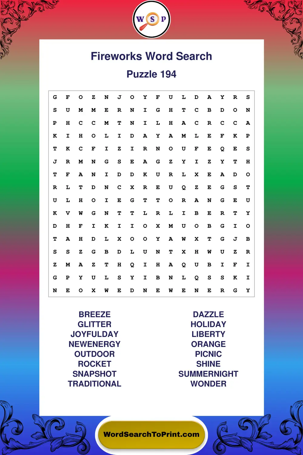 Fireworks Word Search Puzzle 194