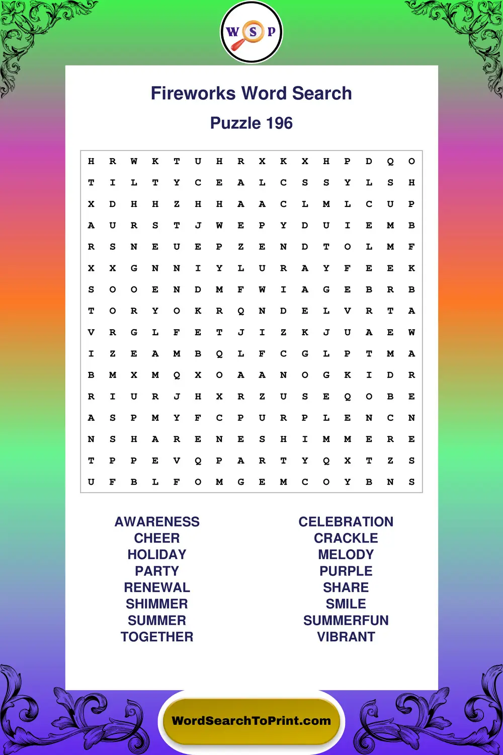Fireworks Word Search Puzzle 196
