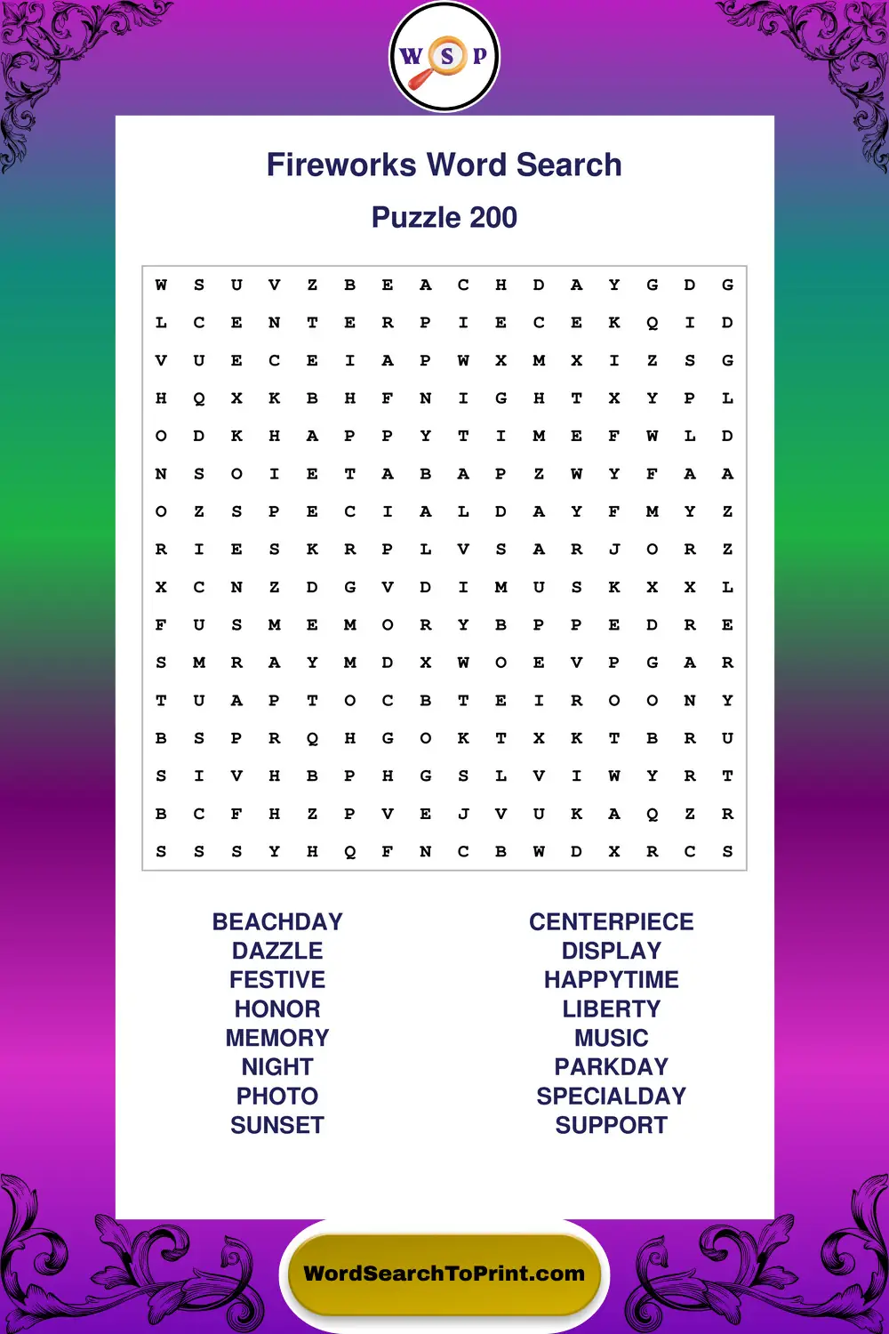 Fireworks Word Search Puzzle 200