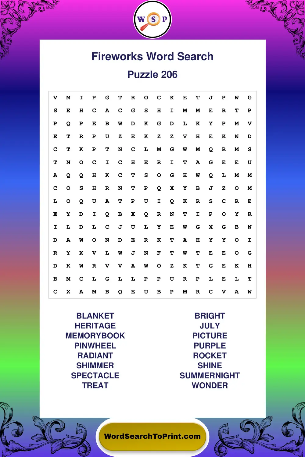 Fireworks Word Search Puzzle 206